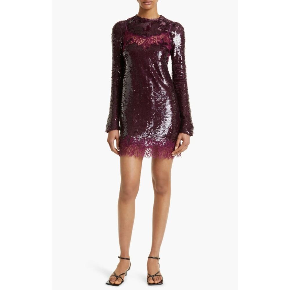 Simkhai Mako Long Sleeve Mini Dress Mangosteen Size 4 NWT Sequin Lace Exterior
